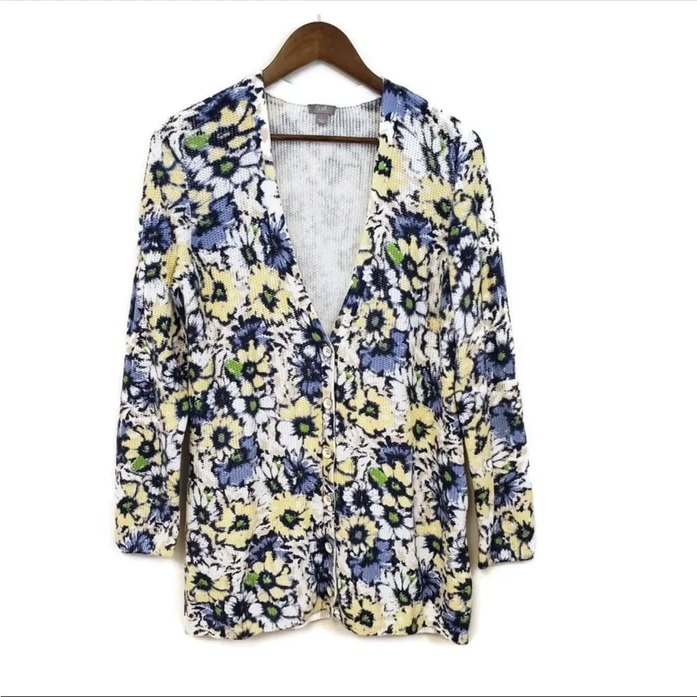 J. Jill Blue and Yellow Floral V Neck Cotton Cardigan size XS.